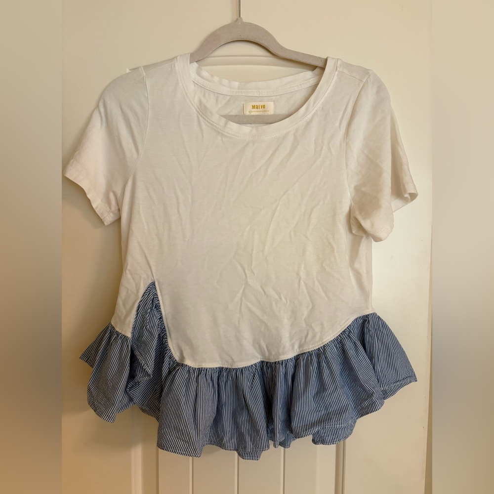 Woman S Anthropologie Maeve White Short-Sleeve Tee with Blue Stripe Ruffle Hem